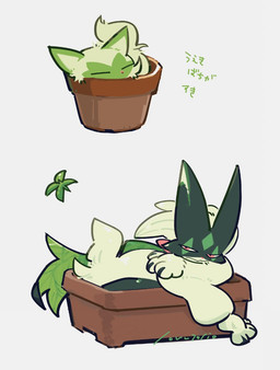ambiguous_gender anthro before_and_after claws container evolutionary_family eyes_closed feral fur green_body green_fur green_hair hair in_container looking_at_viewer narrowed_eyes pink_eyes plant_pot simple_background solo tail text usduvi nintendo pokemon felid feline generation_9_pokemon mammal meowscarada pokemon_(species) sprigatito 2025 japanese_text signature translated