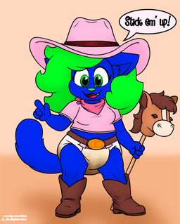 anthro belt blue_body clothing cowgirl_boots cowgirl_hat cowgirl_outfit diaper eyelashes feces female finger_gun fluffy fluffy_hair fluffy_tail gesture green_eyes green_hair hair hand_gesture hobby_horse kerchief looking_at_viewer one_tooth pointing sagging_diaper shirt soiled_diaper solo speech_bubble standing t-shirt tail topwear unclean_diaper used_diaper rocky-marbles callie_marbles domestic_cat felid feline felis mammal hi_res