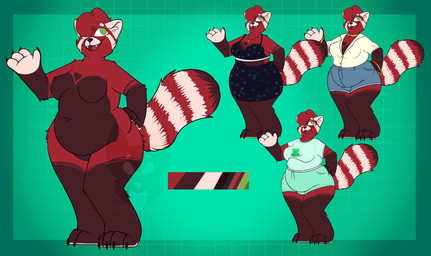4_claws 4_fingers 4_toes anthro arm_tuft belly biped black_clothing black_dress blue_bottomwear blue_clothing blue_shorts border bottomwear bracelet breasts brown_body brown_countershading brown_markings brown_tuft claws cleavage clothed clothed_anthro clothed_female clothing collar color_swatch countershade_face countershade_feet countershade_fur countershade_hands countershade_torso countershading curly_hair denim denim_bottomwear denim_clothing denim_shorts dress elbow_tuft eyewear facial_markings featureless_breasts feet female female_anthro fingers fluffy fluffy_tail fur fur_tuft glasses gloves_(marking) green_background green_border green_bottomwear green_clothing green_eyes green_shorts hair hair_over_eye hand_on_hip head_markings heart_(marking) inner_ear_fluff jewelry leg_markings markings medium_breasts necklace no_pupils nude nude_anthro nude_female overweight overweight_anthro overweight_female red_body red_fur red_hair red_tuft ring_(marking) ringed_tail shirt shorts shoulder_tuft simple_background socks_(marking) solo sparkles sparkling_clothing sparkling_dress standing striped_markings striped_tail stripes t-shirt tail tail_markings tear_(marking) thick_thighs toes topwear tuft white_body white_countershading white_dress_shirt white_ears white_markings white_stripes wide_hips strawberrymilkdog cherry_jubilee_(strawberrymilkdog) ailurid mammal red_panda 2022 absurd_res hi_res watermark