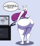 aladeen anthro big_breasts big_butt biped boss_monster_(undertale) breasts butt clothed clothing dialogue electronics female hi_res huge_breasts huge_butt hyper hyper_breasts mature_female pupils solo speech_bubble television text thick_thighs toriel undertale_(series)