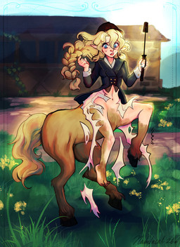 black_clothing black_hat black_headwear black_topwear blonde_hair blue_eyes blush bodily_fluids braided_hair breasts brown_body brown_fur building clothing female flower fur grass hair hat headgear headwear holding_object holding_riding_crop holding_whip hooves looking_down mid_transformation outside plant riding_crop solo species_transformation sweat sweatdrop tail topwear torn_clothing transformation whip nakitacat european_mythology greek_mythology mythology centaur equid equid_taur human humanoid_taur mammal mammal_taur taur 2026 hi_res