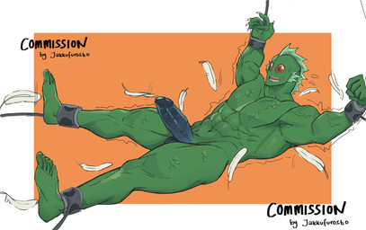 abs anthro balls big_balls big_muscles big_penis bound erection feathers fin genitals gills green_body male muscular muscular_anthro muscular_male navel nude penis red_eyes solo jakkufurosto99 kinnikuman ultimate_muscle atlantis_(ultimate_muscle) aquatic fish hi_res signature