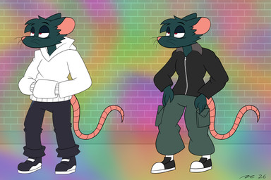anthro bottomwear cargo_pants clothing denim denim_bottomwear denim_clothing footwear fur green_body green_fur half-closed_eyes head_tuft hoodie jacket jeans male multiple_outfits narrowed_eyes pants red_eyes shoes sneakers solo topwear tuft whiskers dirtymac mac-daddy mammal murid murine rat rodent 3:2 absurd_res hi_res model_sheet