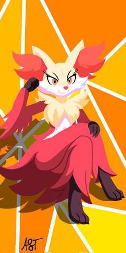 3_fingers 3_toes anthro arm_tuft black_body black_skin cheek_tuft chest_tuft crossed_legs elbow_tuft facial_tuft feet female fingers fur inner_ear_fluff navel orange_eyes orange_inner_ear_fluff orange_nose red_body red_fur simple_background sitting solo teeth text toes tuft white_body white_fur yellow_background yellow_body yellow_ears yellow_fur fulgito_ast nintendo pokemon delphox generation_6_pokemon pokemon_(species) 2025 artist_name hi_res