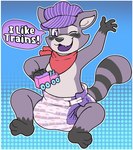 anthro clean_diaper clothed clothing diaper diaper_only gesture happy male one_eye_closed playing_with_toys purple_tongue sitting solo tongue topless train vehicle waving waving_at_viewer wink young charry indigo_park rambley_raccoon mammal procyonid raccoon hi_res