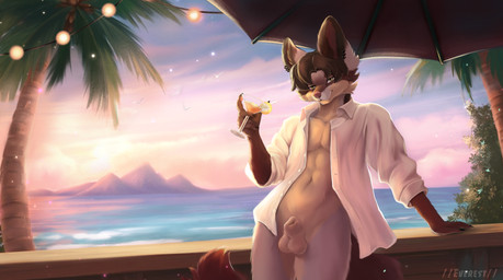 alcohol animal_genitalia anthro beach beverage bottomless bulge clothed clothing cocktail cocktail_glass container cup detailed_background drinking_glass fluffy fluffy_tail genitals glass glass_container glass_cup male nude palm_tree penis plant sea sheath solo summer sun sunrise tail tree water everest_grant arterionix_skypaw bat-eared_fox canid canine fox mammal true_fox absurd_res hi_res