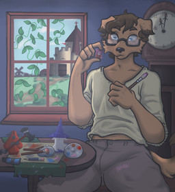 anthro axe biped blue_eyes brown_body brown_hair brush castle clock clothing cloud collarbone eyewear glasses grandfather_clock grass hair hat headgear headwear holding_axe holding_brush holding_model holding_object holding_paintbrush inside looking_at_object male navel number paint_on_clothing paintbrush painting_(action) plant shirt sitting solo tail topwear vines wall_(structure) wearing_glasses windmill window window_sill wizard_hat sepulturegirl canid canine canis domestic_dog mammal hi_res