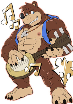 3_toes 4_fingers abs anthro banjo_(instrument) biped blue_eyes brown_body brown_fur feet fingers fur grin jewelry male muscular muscular_anthro muscular_male musical_instrument musical_note musical_symbol necklace nipples nude pecs plucked_string_instrument puzzle_piece simple_background smile solo standing string_instrument symbol toes white_background othukimi banjo-kazooie rareware banjo_(banjo-kazooie) bear mammal hi_res