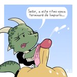 1:1 anthro argonian bethesda_softworks bodily_fluids breasts clothed clothing cum dialogue ejaculation el_senor_erizo erection eyelashes female genital_fluids genitals green_body handjob hi_res horn humanoid_genitalia humanoid_penis humor lifts-her-tail maid_uniform male male/female non-mammal_breasts nude open_mouth penile penis polishing reptile scales scalie sex simple_background skyrim solo spanish_text speech_bubble tail text the_elder_scrolls the_lusty_argonian_maid translated uniform