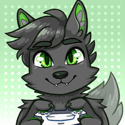 anthro blinking controller fur game_controller gaming green_body green_eyes green_fur grey_body grey_fur male playing_video_game smile solo tail kapellukh spirit_shadow canid canine canis mammal wolf 1:1 animated