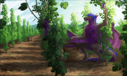 anthro black_border blue_hair border day detailed_background food fruit grape hair male membrane_(anatomy) membranous_wings nude outside plant red_eyes solo standing tail wings oneminutesketch mythology dragon mythological_creature mythological_scalie scalie 2015 5:3 digital_media_(artwork) hi_res