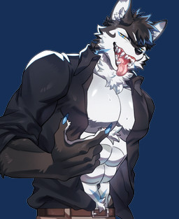 abs action_pose anthro belt biceps black_body black_clothing black_fur black_hair black_shirt black_topwear blue_eyes blue_nails bodily_fluids bottomwear brown_belt brown_bottomwear brown_clothing brown_pants claws clothed clothing colored_nails drooling fangs fluffy fur grin hair heterochromia looking_at_viewer male muscular muscular_male nails open_clothing open_mouth open_shirt open_topwear pants pawpads pecs pose saliva sharp_teeth shirt smile smug solo spiky_hair sweat tail teeth tongue tongue_out topwear white_body white_fur yellow_eyes natsub_bkoge thunderrangers archermagnum canid canine canis mammal wolf absurd_res alpha_channel hi_res