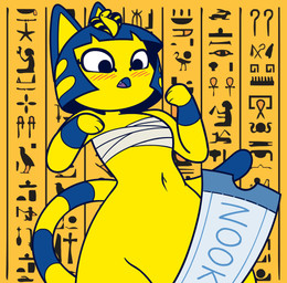 anthro black_eyes blue_body blue_fur blue_hair blush bottomless clothed clothing female fur hair markings navel solo striped_markings striped_tail stripes tail tail_markings ticket wrappings yellow_body yellow_fur zone animal_crossing nintendo ankha_(animal_crossing) domestic_cat felid feline felis mammal reptile scalie snake hi_res hieroglyphic_text