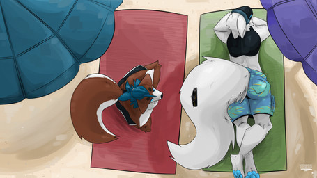 anthro armor back_pattern beach beach_towel big_ears big_tail bird's-eye_view blue_eyes blue_hair blue_pawpads breastplate brown_body brown_fur circle_eyebrows clothed clothing crossed_legs duo electronics eyebrows fluffy fluffy_tail fur hair high-angle_view lying lying_on_ground machine male male_anthro neck_tuft on_front on_ground pawpads phone ponytail sitting swimming_trunks swimwear symbol_on_back tail topless topless_anthro topless_male towel tuft umbrella under_shade visor white_body white_fur gurglegluts five_nights_at_freddy's five_nights_at_freddy's_4 scottgames buddy_(gurglegluts) jay_(gurglegluts) markiplier nightmare_chica_(fnaf) canid canine canis domestic_dog mammal mixed_breed protogen shepsky 16:9 absurd_res hi_res widescreen