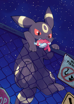 3_toes acting_like_a_cat ambiguous_gender bodily_fluids chain-link_fence climbing climbing_fence duo fangs feet fence feral fur grey_body grey_fur mouth_hold night paws quadruped red_body sign sky star starry_sky sweat sweatdrop tears teeth toes komanyachi nintendo pokemon eeveelution generation_2_pokemon generation_9_pokemon pokemon_(species) tatsugiri tatsugiri_(curly_form) umbreon 2025 absurd_res digital_media_(artwork) hi_res