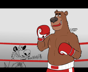 anthro being_watched big_nose boxing_gloves boxing_shorts clothed clothing fighting_ring handwear head_tuft laugh looking_at_another male mouthguard musclegut muscular nipples pecs simple_background slightly_chubby smile smirk standing topless topless_male tuft canvaskisser jer_(breaking_bear) bear brown_bear hyena mammal ursine