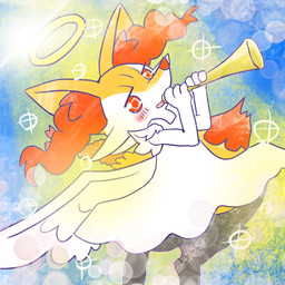 ambiguous_anthro ambiguous_gender anthro biped blush clothing digitigrade dipstick_tail dress food front_view halo holding_musical_instrument holding_object looking_at_viewer markings midair musical_instrument object_in_tail open_mouth open_smile shrimp_(food) smile solo sparkles tail tail_markings three-quarter_view white_clothing white_dress wings annyui0611 nintendo pokemon braixen canid generation_6_pokemon mammal pokemon_(species) 1:1 2022 digital_drawing_(artwork) digital_media_(artwork) hi_res japanese_description portrait three-quarter_portrait translated_description
