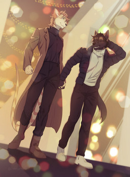 anthro anthro_on_anthro black_body black_bottomwear black_clothing black_hair black_jacket black_nose black_pants black_topwear bottomwear brown_body brown_clothing brown_coat brown_topwear closed_smile clothed clothing coat duo eyes_closed grin hair hand_holding jacket male male/male markings mouth_closed open_clothing open_jacket open_topwear orange_hair orange_markings pants short_hair smile standing topwear white_clothing white_topwear yellow_body cobu canid canine mammal species_request hi_res
