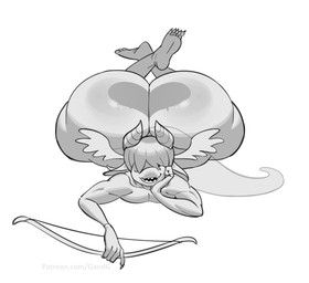 anthro back_wings big_butt bottom_heavy bow_(weapon) butt feathered_wings feathers feet_up femboy hair hair_over_eyes huge_butt lying male on_front open_mouth open_smile pear-shaped_figure ranged_weapon sharp_teeth smile solo teeth thick_thighs weapon wide_hips wings gandg billy_(dellinger) kobold scalie greyscale hi_res monochrome