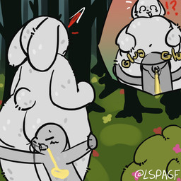 anthro balls bodily_fluids drinking drinking_urine duo ears_down eyes_closed forest fur genital_fluids genitals grey_body grey_fur hugging_legs interrobang male male/male onomatopoeia outside peeing peeing_outside penis penis_in_mouth pivoted_ears plant scut_tail short_tail shrub small_penis sound_effects stretching surprised tail text tree urine urine_in_mouth watersports white_body white_fur lspagf big_fat_stinky_unwashed_sweaty_bunny_(lspagf) random_bunny_(lspagf) animal_humanoid humanoid lagomorph lagomorph_humanoid leporid mammal mammal_humanoid rabbit 1:1 absurd_res hi_res