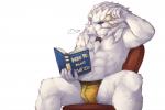 5_fingers anthro biped blush book bulge chair clothed clothing fangs fingers fur furniture male muscular muscular_anthro muscular_male simple_background sitting solo teeth topless underwear white_background white_body white_fur lowerkuo league_of_legends riot_games tencent rengar_(lol) felid lion mammal pantherine 2016