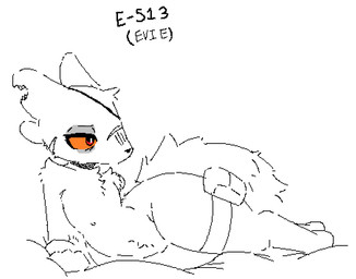 anthro arm_tuft belly_tuft chest_tuft eye_patch eyewear facial_scar female hip_bag looking_aside looking_away looking_to_right lying on_side orange_sclera red_eyes scar shoulder_tuft solo tail tired tired_eyes tuft wide_hips wound_on_ear botanics scav_prototype canid experiment_(scav_prototype) gunsawian hybrid mammal black_and_white monochrome