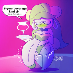 anthro anthrofied balls beverage big_balls big_penis black_sclera blush blush_lines bow_tie bra breasts cleavage clothed clothing container cup dialogue drinking_glass ear_piercing ear_ring embarrassed embarrassing_exposure erection eyelashes genitals glass glass_container glass_cup green_body green_hair gynomorph hair hand_behind_back holding_object huge_balls huge_penis intersex medium_breasts navel open_mouth panties penis piercing pink_background plant pokemorph ring_piercing simple_background solo text thick_thighs underwear unwanted_erection white_eyes wine_glass filthycottonart unfortu-nate nintendo pokemon amanda_(unfortu-nate) dolliv elemental_creature flora_fauna generation_9_pokemon pokemon_(species) 1:1 2025 digital_media_(artwork) english_text hi_res
