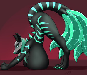 anthro armor ass_up big_breasts black_body black_fur breast_rest breasts construct crystal female fur green_body green_fur headgear helmet huge_breasts mask multi_tail pawpads solo stretching striped_body striped_fur stripes tail furball canid canine fox mammal 2026