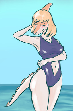 anthro belly_cutout blonde_hair blush bone_frill breasts clothing cutout day eyes_closed female fingers frill_(anatomy) front_view hair hand_behind_head happy humanoid_hands medium_breasts medium_hair navel non-mammal_breasts non-mammal_navel one-piece_swimsuit orange_body outside pose purple_clothing purple_swimwear sea sky smile solo spiked_tail spikes spikes_(anatomy) standing swimwear tail water white_body synthawk goodbye_volcano_high ko_op_(game_developer) naomi_(gvh) dinosaur hadrosaurid ornithischian ornithopod parasaurolophus prehistoric_species reptile scalie colored portrait shaded three-quarter_portrait
