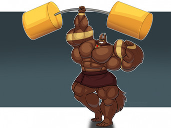anthro big_muscles clothed clothing exercise flexing huge_muscles hyper hyper_muscles male muscular muscular_male simple_background solo topless topless_male weightlifting workout somniumfox canid canine canis jackal mammal 4:3 hi_res
