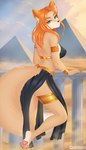 anthro big_tail black_clothing blue_eyes bracelet clothed clothing detailed_background egyptian egyptian_clothing female fur hair jewelry looking_at_viewer orange_body orange_fur orange_hair orange_tail pawpads paws pink_pawpads solo tail saardequeen canid canine mammal hi_res