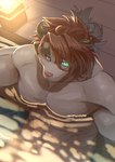 abs big_muscles blush brown_body brown_fur fur glowing glowing_eyes horn male muscular partially_submerged pecs solo water biri lifewonders tokyo_afterschool_summoners catoblepas_(tas) mammal hi_res