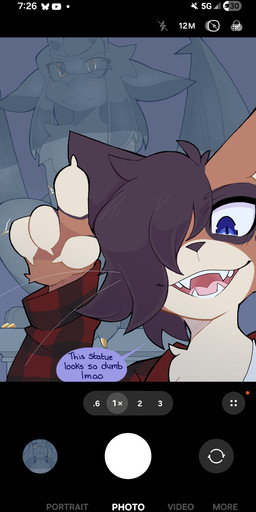 ambiguous_gender anthro blue_eyes brown_body brown_fur brown_hair brown_nose camera_overlay claws clothing countershade_fingers countershade_fur countershading crouching duo eye_markings eye_through_hair feral fur gesture gold_irises golden_claws golden_freckles grey_body grey_hair grey_pupils grey_sclera grey_wings hair hand_gesture insult insulting_another kintsugi_(art) markings open_mouth open_smile pattern_clothing pattern_topwear plaid plaid_clothing plaid_topwear plinth pointing pointing_at_another pointing_up pupils purple_speech_bubble rock sculpture smile smiling_at_viewer squatting_pose statue text topwear translucent translucent_hair whiskers white_clothing white_topwear wings yellow_eyes miranii samsung shai_(shaimin) animate_inanimate domestic_cat elemental_creature felid feline felis gargoyle living_statue mammal mineral_fauna rock_creature 2026 english_text hatching_(art) hi_res shaded