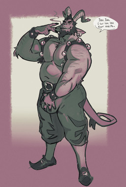 5_fingers anthro arm_hair armpit_hair beard bell bell_harness biceps big_bulge body_hair bottomwear bracelet bulge cigar clothed clothing ear_piercing facial_hair fingers footwear gesture hand_gesture hand_on_bulge harness holidays horn jewelry jingle_bell jingle_bell_harness looking_at_viewer male musclegut muscular muscular_anthro muscular_male navel nipple_piercing nipple_ring nipples pants piercing ring_piercing self_grope shoe_buckles shoes simple_background smile smiling_at_viewer smoking smoking_cigar solo speech_bubble standing tail text topless v_sign boosterpang christmas krampus bovid caprine caprine_demon demon goat_demon mammal 2025 english_text hi_res monochrome