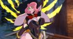 anthro black_nose blizzard_entertainment breasts cleavage clothed clothing cosplay energy_wings female hair hare lagomorph leporid mammal mastergodai mercy_(overwatch) overwatch rabbit rascals reiko_usagi solo wings