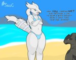 absurd_res ambiguous_gender annoyed anthro beach bikini blue_eyes blue_sky bulge clothed clothing crossdressing crossed_arms dialogue dragon duo eyelashes femboy generation_5_pokemon hi_res legendary_pokemon male midriff mythological_creature mythological_scalie mythology nintendo onesaucydragon pokemon pokemon_(species) reshiram sand scalie sky swimwear tail two-piece_swimsuit water watermark wide_hips zekrom