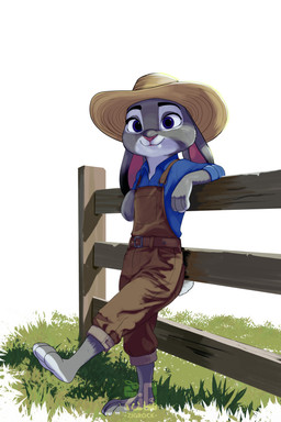 3_toes anthro barefoot clothed clothing feet female female_anthro fence fur grass grey_body grey_fur hat headgear headwear long_ears overalls plant purple_eyes simple_background solo standing text toes white_background zigrock001 disney zootopia judy_hopps european_rabbit lagomorph leporid mammal oryctolagus rabbit 2:3 absurd_res artist_name hi_res watermark