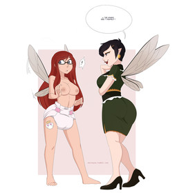 black_hair breasts clean_diaper clothed clothing dialogue diaper diaper_only dress duo eye_contact eyewear female footwear glasses hair high_heels insect_wings looking_at_another pointy_ears red_hair shoes simple_background surprised tattoo text topless wearing_diaper wings merunyaa fairy human mammal english_text hi_res