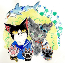 ambiguous_gender anthro black_body black_fur black_nose blush bracelet claws clothed clothing duo ear_piercing eyewear fangs feral fingers fur green_eyes grey_body grey_fur group jewelry multicolored_body multicolored_fur open_mouth pawpads paws piercing pink_pawpads smile sunglasses teeth tongue tongue_out whiskers white_body white_fur kyokyota aquatic domestic_cat felid feline felis fish mammal shark 2015 painting_(artwork) traditional_media_(artwork) watercolor_(artwork)