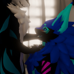 anthro blue_body blue_ears blue_eyes blue_tongue blush clothing collar collar_pull crop_top curtains curtains_closed duo fluffy fluffy_chest looking_up_at_another male male/male mane markings shirt smile teeth tongue topwear white_body diamondprotogen diamond_(diamondprotogen) novabeast 1:1 3d_(artwork) digital_media_(artwork) hi_res