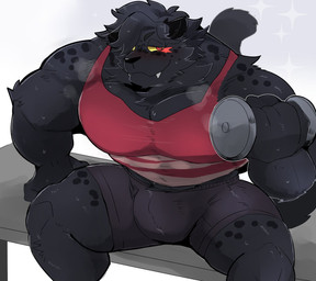 anthro barazoku bodily_fluids bottomwear bulge clothed clothing dumbbell exercise hair looking_aside male muscular muscular_anthro muscular_male narrowed_eyes shirt shorts simple_background sitting solo sweat tank_top topwear weightlifting weights white_background workout hyaku_(artist) felid mammal pantherine 2021 hi_res
