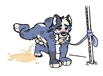 all_fours anthro bodily_fluids bone_in_mouth chastity_cage chastity_device fur genital_fluids hiked_leg leash leash_in_mouth looking_pleasured male male_peeing multicolored_body multicolored_fur object_in_mouth peeing peeing_through_chastity raised_leg solo urine urine_stream watersports backboned_(artist) canid canine canis mammal