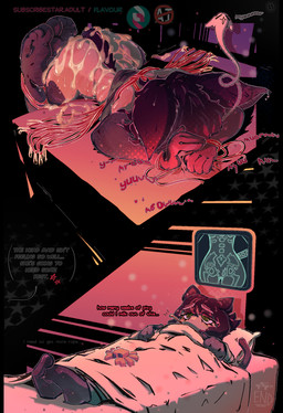 after_sex anthro armwear bed bent_over_bed biped bodily_fluids broken_bone broken_pelvis butt clothing cum cum_drip cum_on_back cum_on_bed cum_on_butt dialogue dripping elbow_gloves excessive_cum excessive_genital_fluids eyelashes female fucked_to_exhaustion furniture genital_fluids gloves grabbing_bedding hair half-closed_eyes handwear ill legwear lying lying_on_bed meowing moan narrowed_eyes offscreen_human offscreen_male on_back on_bed on_front plushie radiograph shattered_pelvis short_hair solo soul_leaving_body speech_bubble sweating_profusely text thermometer_in_mouth thigh_highs twiddling_toes wide_hips flavoursarthole arthropod crab crustacean decapod malacostracan 2026 comic english_text hi_res