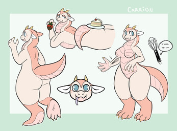 anthro arm_tattoo baked_goods curvy_figure female food food_fetish food_play front_view horn rear_view solo tattoo unnatural_colors saberbutt mythology dragon hybrid mythological_creature mythological_scalie reptile scalie snake hi_res model_sheet