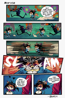 anthro bell_choker big_breasts black_bottomwear black_choker black_clothing black_hair black_heart black_jewelry black_lips black_necklace black_pants blue_clothing blue_jacket blue_topwear bottomwear breasts chasing chibi choker cleavage clone clothed clothing collision dialogue dizzy ear_piercing eyes_closed eyeshadow fast female fur grimace grin group hair head_wings highlights_(coloring) industrial_piercing industrial_piercing_ladder jacket jewelry lips makeup male motion_lines multicolored_hair necklace orange_body orange_fur out_of_frame pants piercing purple_body purple_eyeshadow purple_fur purple_hair purple_highlights red_eyes scared sharp_teeth smile teeth text time_paradox tongue tongue_out topwear trio two_tone_hair unusual_wing_placement wings boker hanged_man_(boker) laura_derose val_(boker) bat-eared_fox canid canine demon fox mammal 2:3 artist_name comic digital_media_(artwork) english_text signature