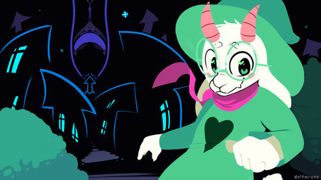 4_fingers ambiguous_gender anthro blush blush_stickers clothed clothing eyewear fangs fingers fur glasses green_clothing green_eyes hat headgear headwear heart_symbol horn scarf smile solo teeth text white_body white_fur komdog deltarune undertale_(series) ralsei bovid caprine darkner goat mammal 16:9 2018 english_text hi_res widescreen