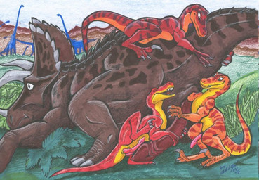 3_toes ambiguous_gender claws erection feet feral fisting foursome frottage genitals group group_sex larger_male male male/male penetration penile penis penises_touching sex size_difference smaller_male surprised tail toes blaquetygriss ceratopsian ceratopsid chasmosaurine dinosaur dromaeosaurid marginocephalian ornithischian prehistoric_species reptile saurischian sauropod sauropodomorph scalie theropod triceratops velociraptor 2004