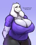 anthro big_breasts breasts cleavage clothed clothing coy dialogue eyeshadow female fur grin hands_behind_back horn huge_breasts long_ears makeup red_eyes shirt smile solo topwear voluptuous_female white_body white_fur s_miles_art undertale_(series) toriel boss_monster_(undertale) bovid caprine goat mammal hi_res