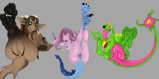 4_toes 5_fingers 5_toes alien_genitalia anthro anus arm_tattoo back_tentacles big_butt big_eyes blind body_pattern breasts brown_body brown_skin butt claws colorful_body digitigrade disability feet female fingers fish_tail foot_fetish foot_focus fur fur_patch genitals gradient_body green_body green_skin group group_nudity hair horn humanoid_feet leg_tattoo legs_up lips long_ears long_tail looking_at_viewer lying monster_girl_(genre) muscular nipples not_furry nude on_back open_mouth pink_body pink_skin plantigrade presenting presenting_anus presenting_hindquarters pseudo_hair scales shark_tail sharp_teeth shaved_vulva short_snout simple_background small_breasts small_butt smile snout soles spade_tail spikes spikes_(anatomy) tail tattoo teeth tentacle_hair tentacle_tail tentacles toes trio unusual_anatomy unusual_genitalia unusual_genitalia_placement unusual_tail vulva unfunny_kitty mythology alien alien_humanoid demon humanoid mammal monster monstrous_humanoid mythological_creature scalie absurd_res digital_media_(artwork) hi_res
