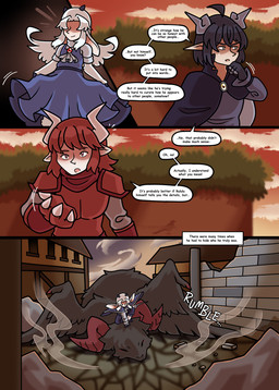 clawed_hands clothed clothing dark_hair dialogue female fur hair horn male monster_girl_(genre) open_mouth outside red_hair simple_background text white_hair shriekingmagpie horned_humanoid humanoid comic digital_media_(artwork) english_text hi_res